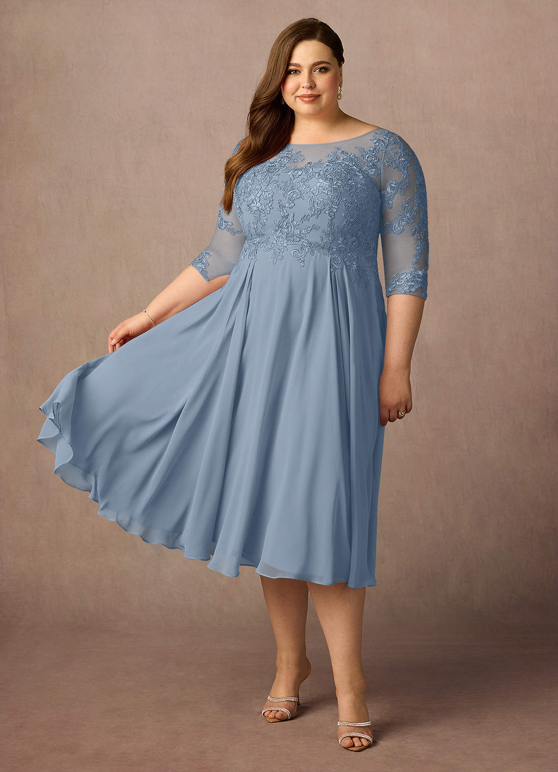 Dusty Blue A-Line Scoop Lace Chiffon Dress