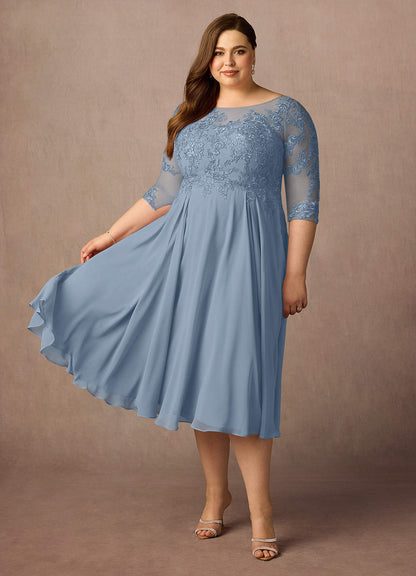 Dusty Blue A-Line Scoop Lace Chiffon Dress