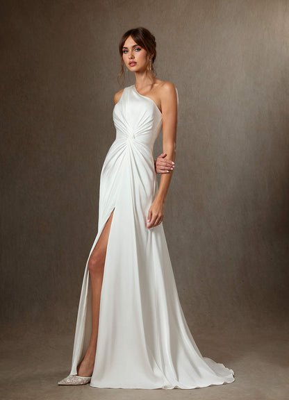 Diamond White A-Line One Shoulder Stretch Satin Dress