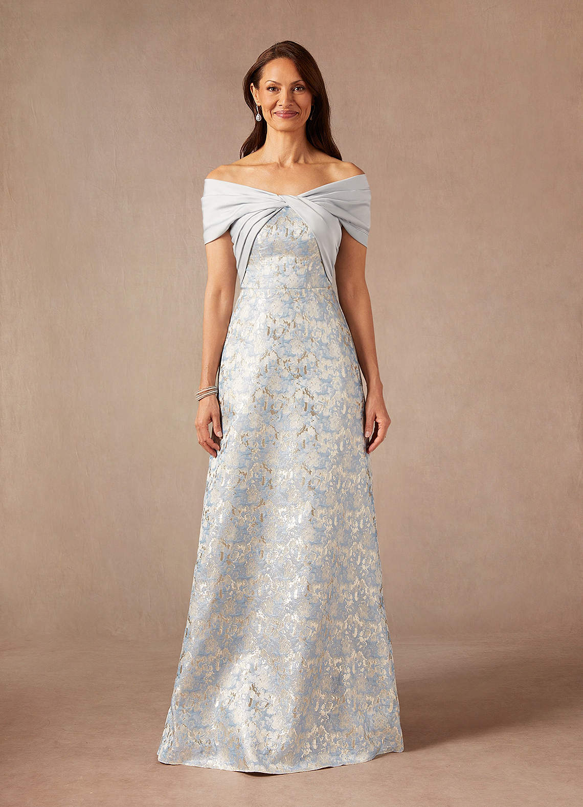 Dusty Blue A-Line Off the Shoulder Jacquard Dress