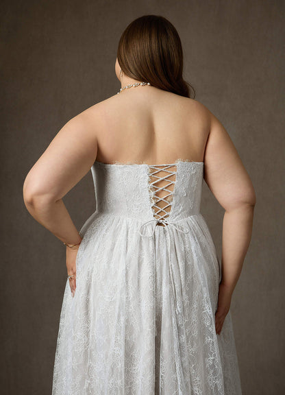 Diamond White A-Line Strapless Lace Dress