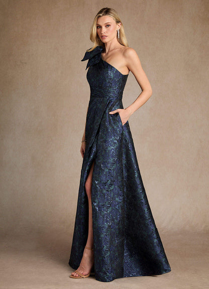 Dark Navy A-Line One Shoulder Jacquard Dress