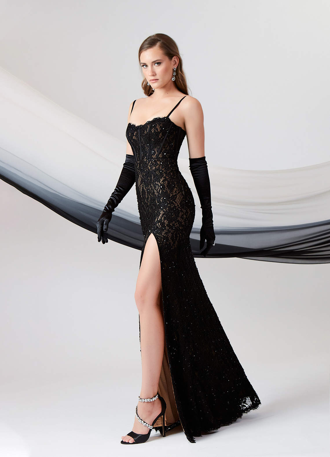 Black Nude A-Line Sequins Stretch Satin Dress