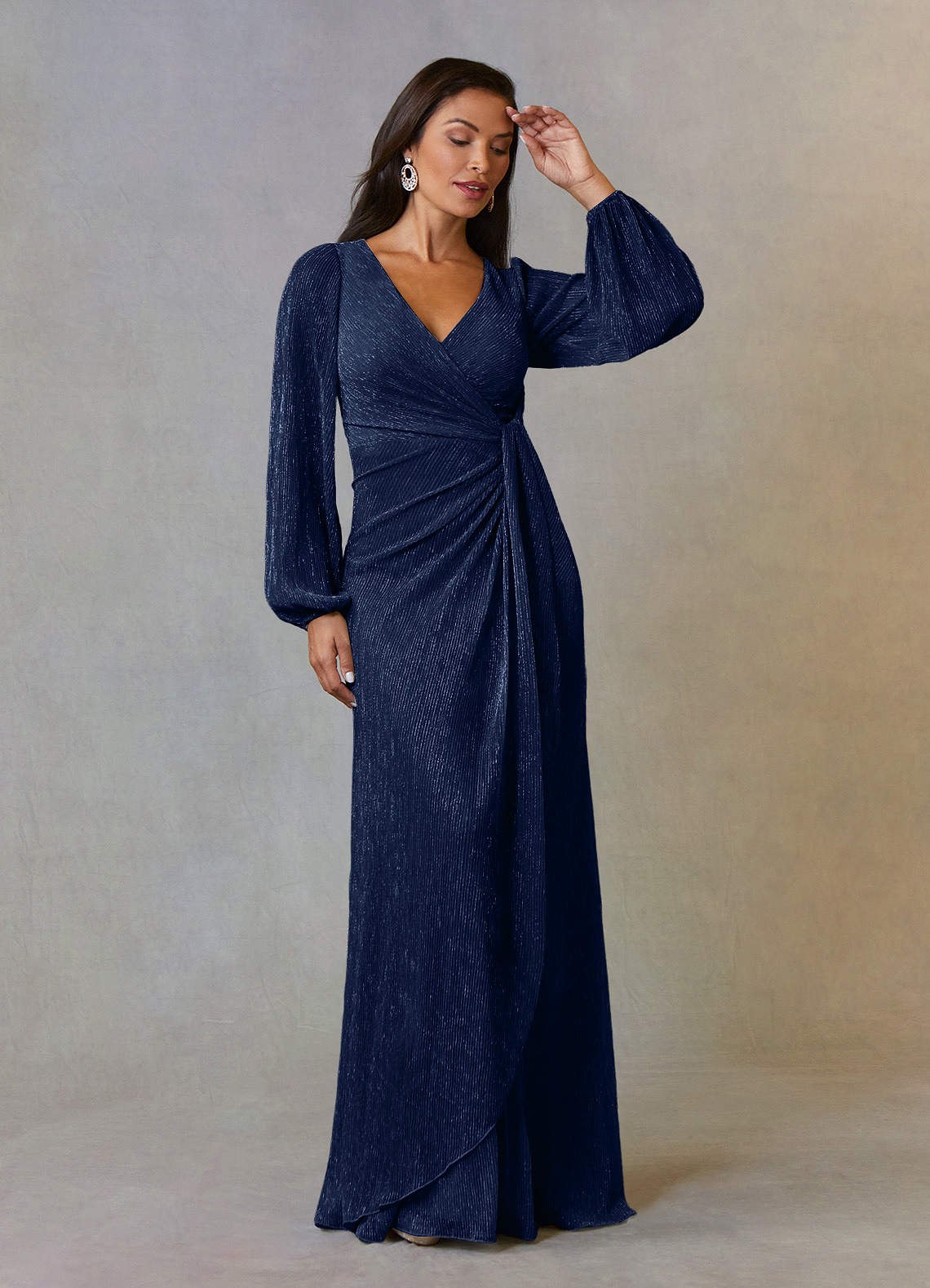 Dark Navy A-Line Ruched Metallic Mesh Dress
