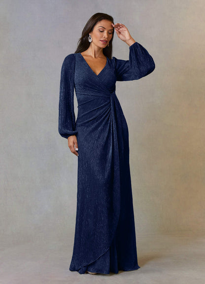 Dark Navy A-Line Ruched Metallic Mesh Dress