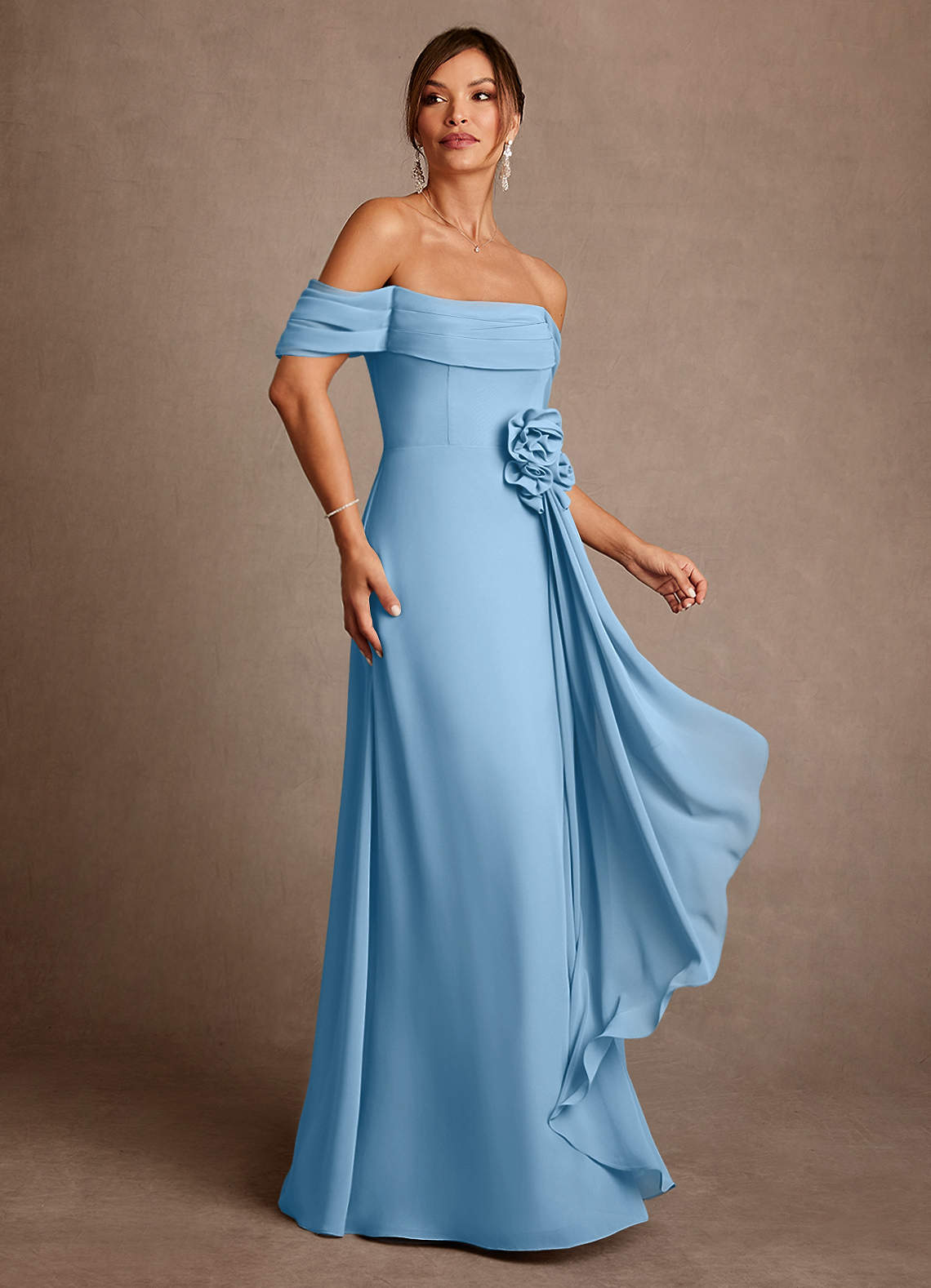 Steel Blue A-Line Off the Shoulder Chiffon Dress