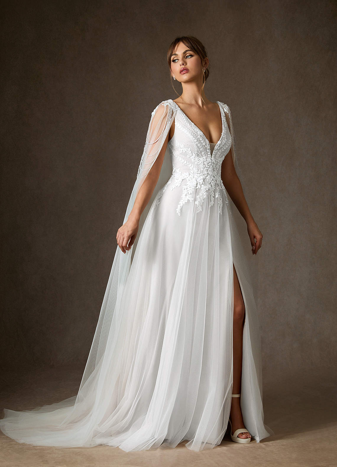 Diamond White A-Line V-Neck Sequins Tulle Dress