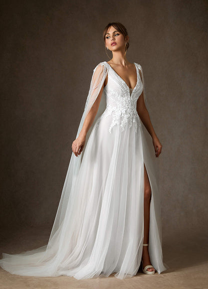 Diamond White A-Line V-Neck Sequins Tulle Dress