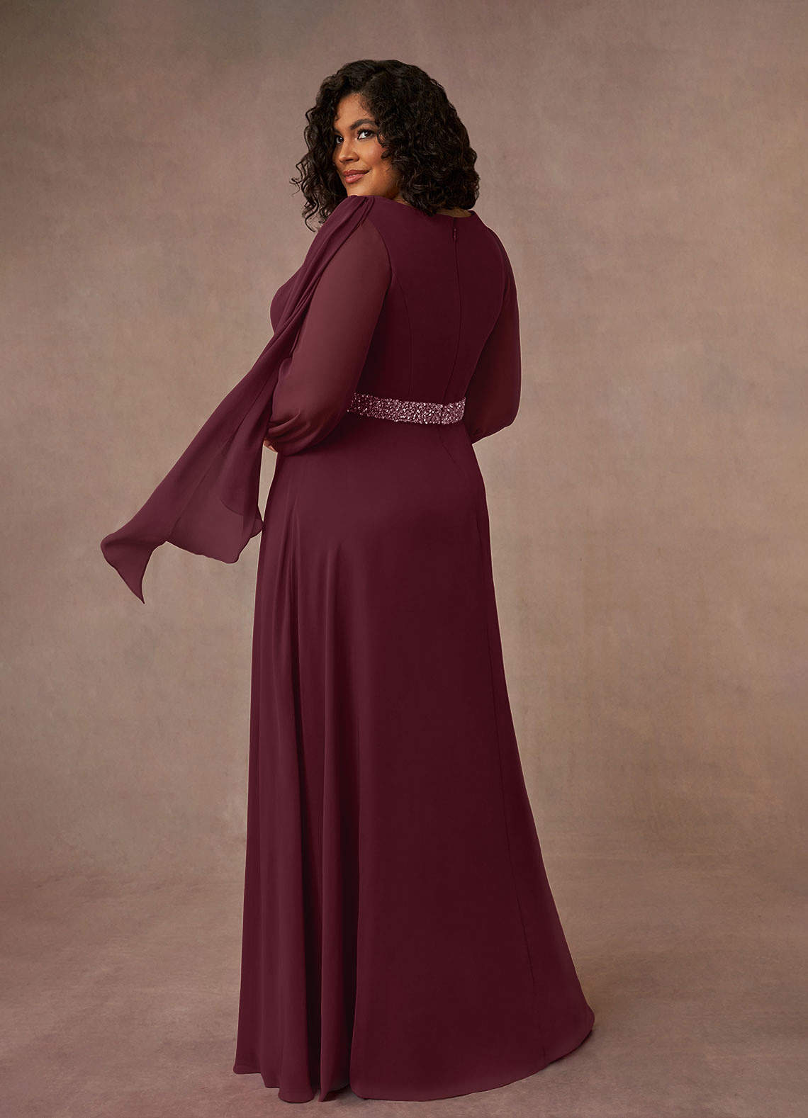 Cabernet A-Line Boatneck Pleated Chiffon Dress