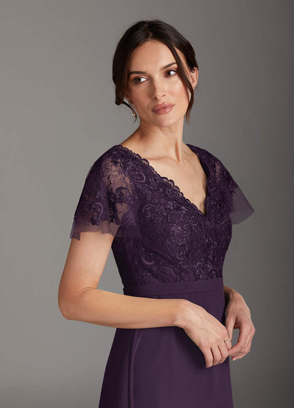 Plum A-Line V-Neck Lace Chiffon Dress