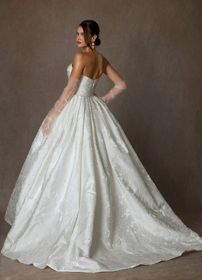 Antique White Ball-Gown Strapless Floral Jacquard Dress