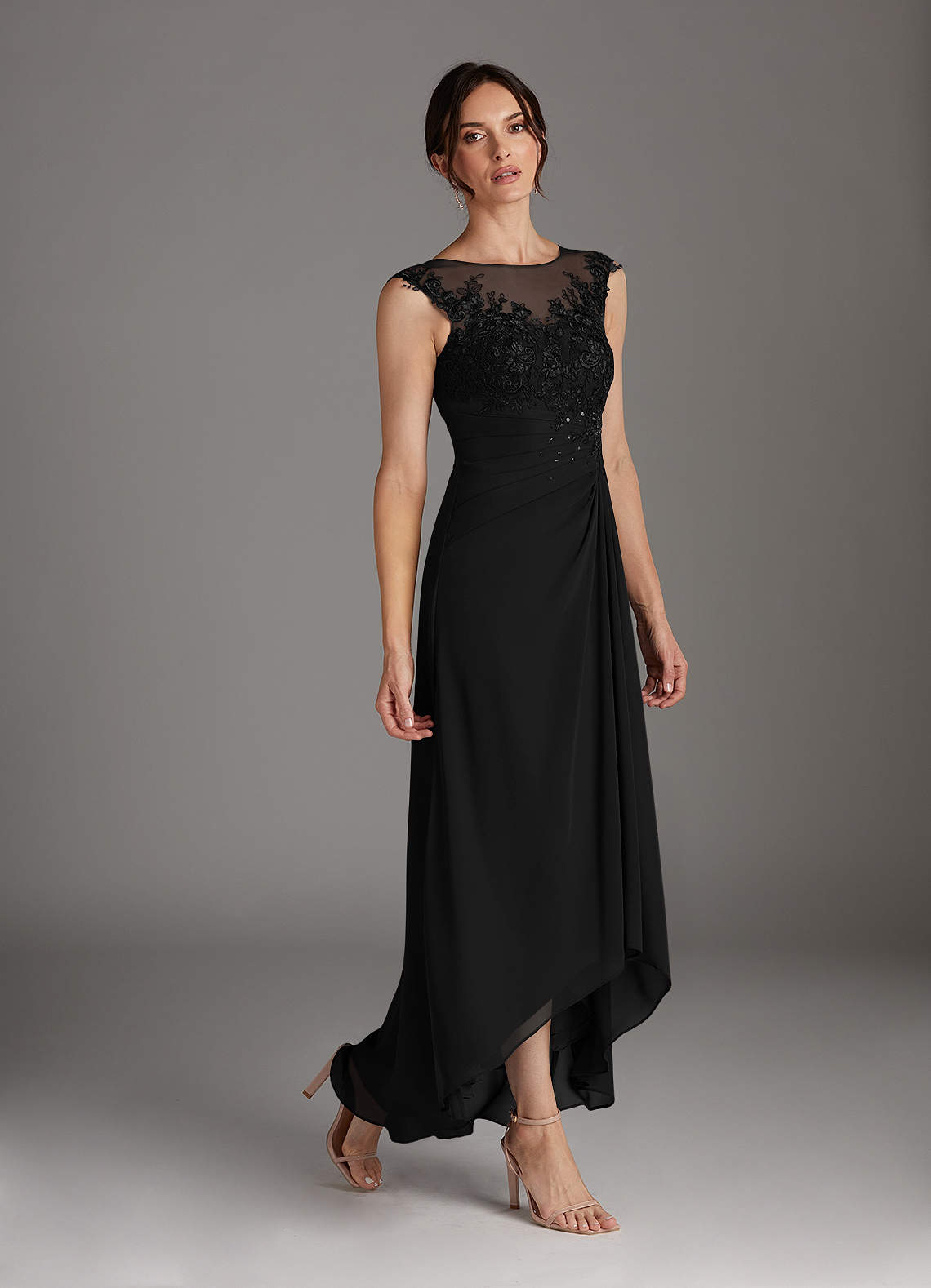 Black A-Line Scoop Lace Chiffon Dress