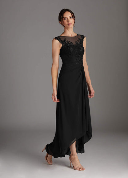 Black A-Line Scoop Lace Chiffon Dress