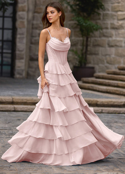 Floralace Powder Pink Ruffled A-Line Prom Dress  Dress
