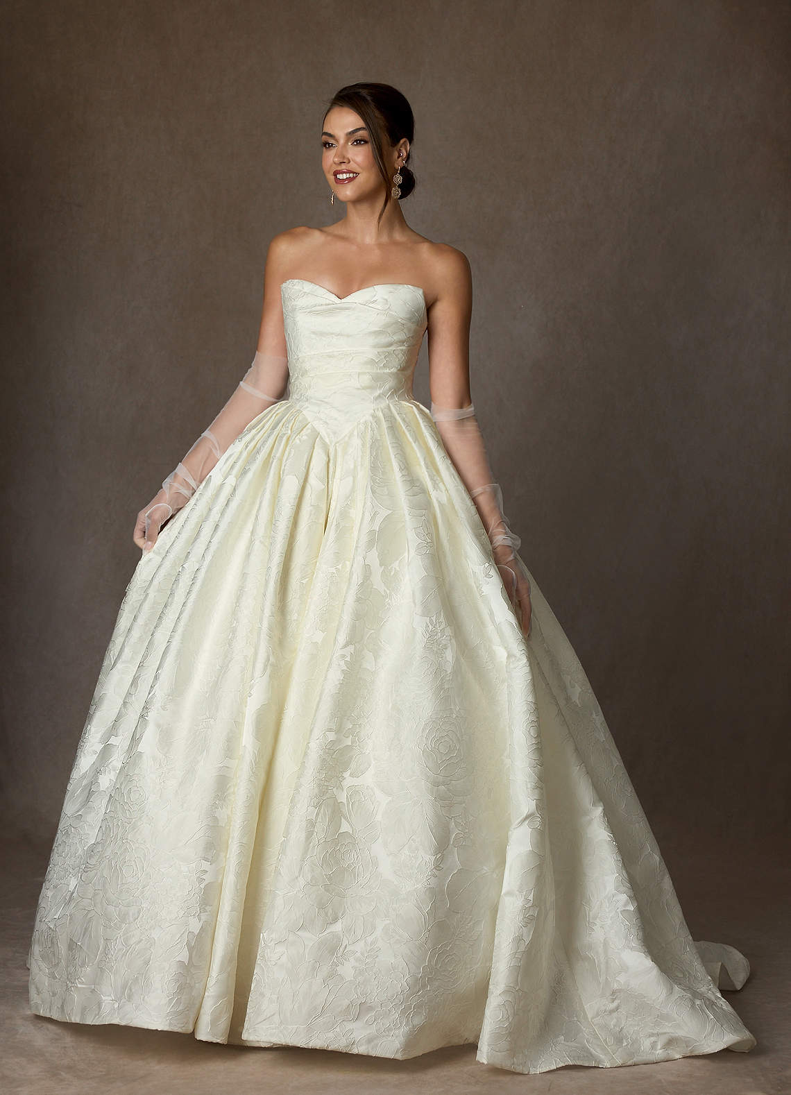 Antique White Ball-Gown Strapless Floral Jacquard Dress