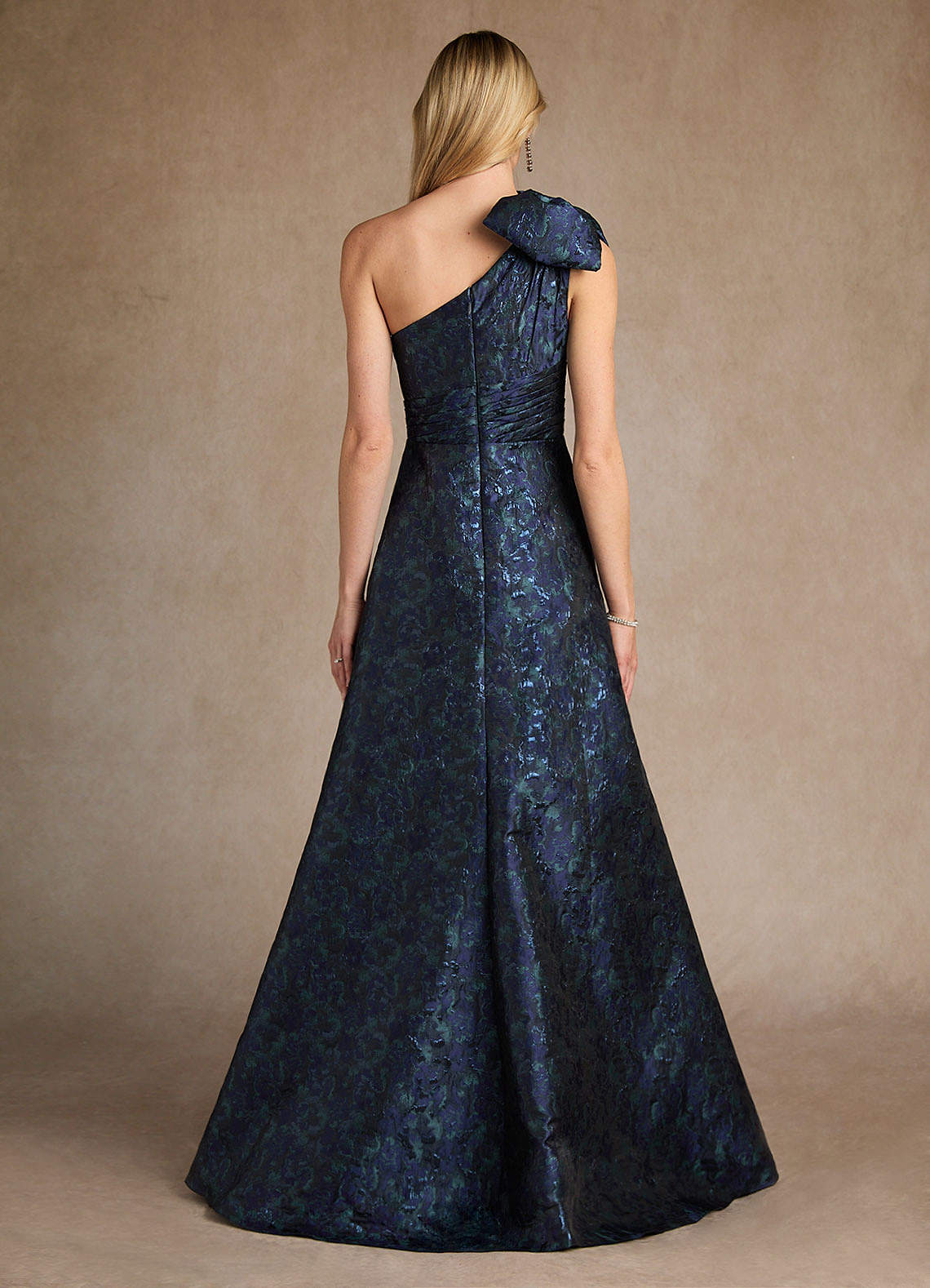 Dark Navy A-Line One Shoulder Jacquard Dress