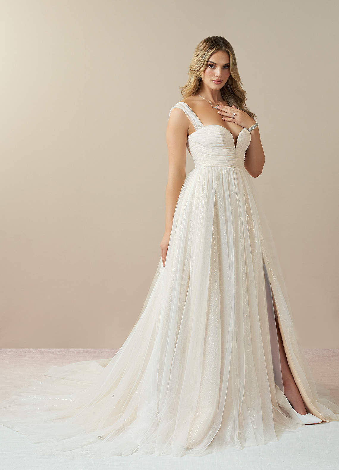 Diamond White Champagne A-Line Off the Shoulder Tulle Dress