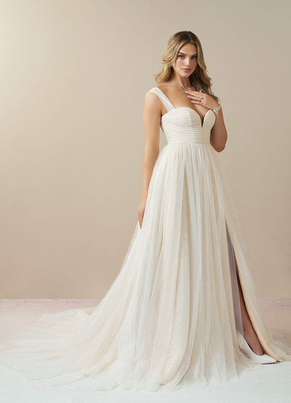 Diamond White Champagne A-Line Off the Shoulder Tulle Dress