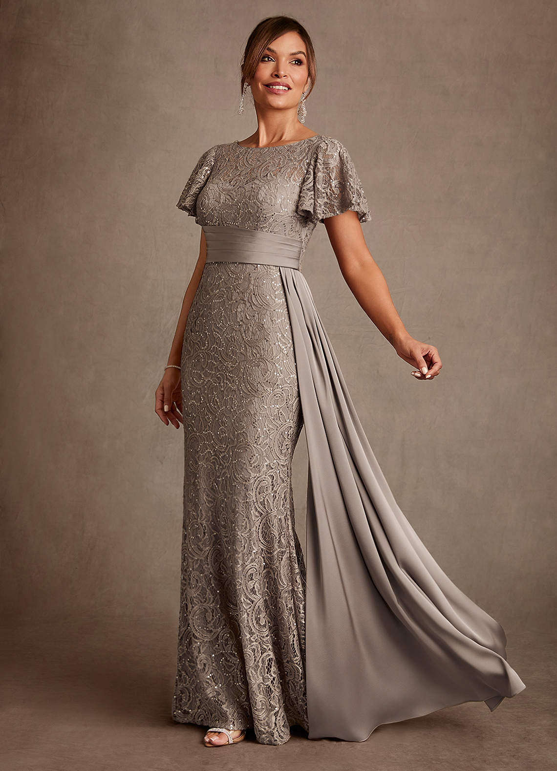 Taupe Mermaid Pleated Lace Dress