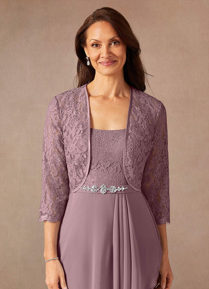 Dusty Rose A-Line Square Neckline Lace Chiffon Dress
