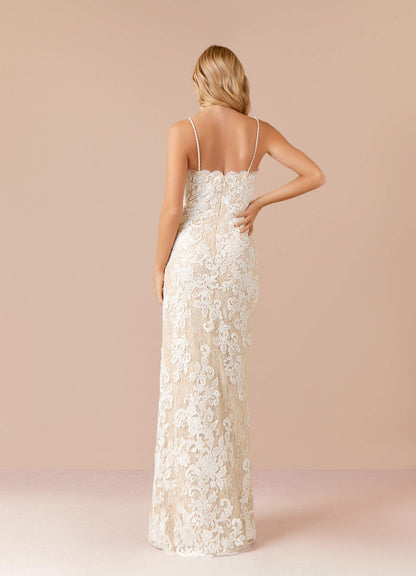 Diamond White Champagne Sheath Sequins Tulle Dress