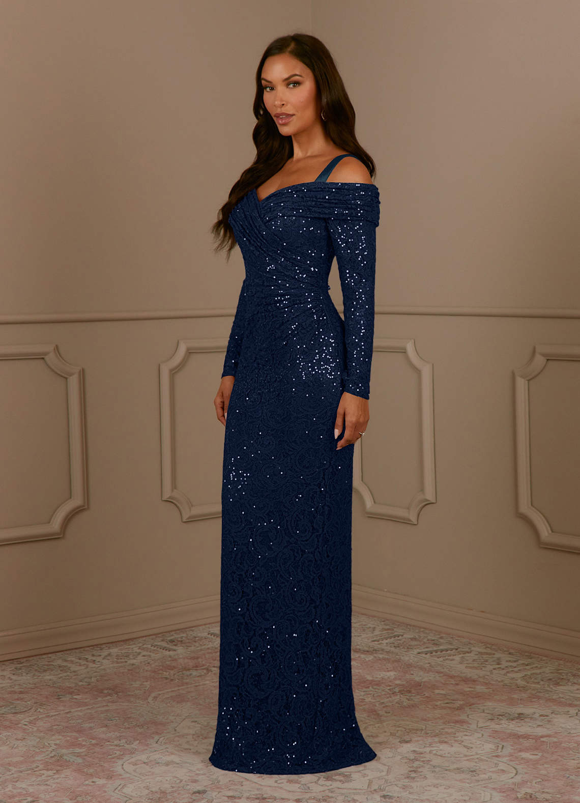 Dark Navy Sheath Sequins Lace Dress