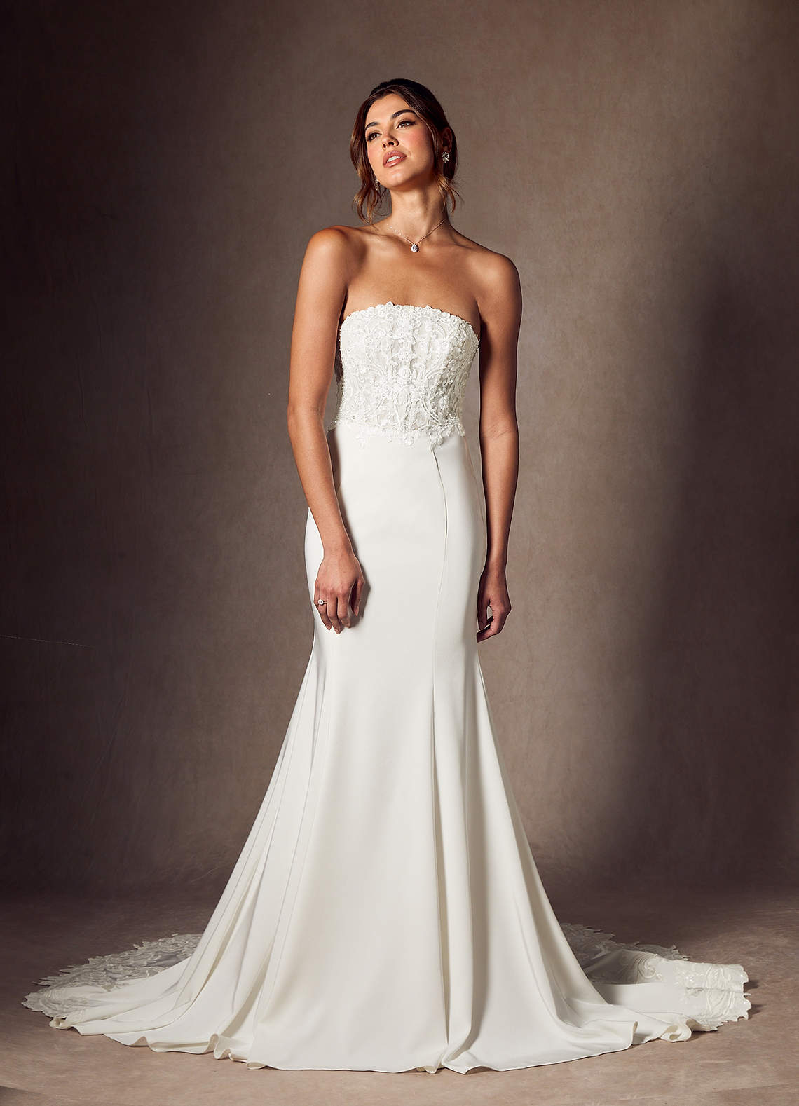 Diamond White Mermaid Lace Crepe Back Satin Dress