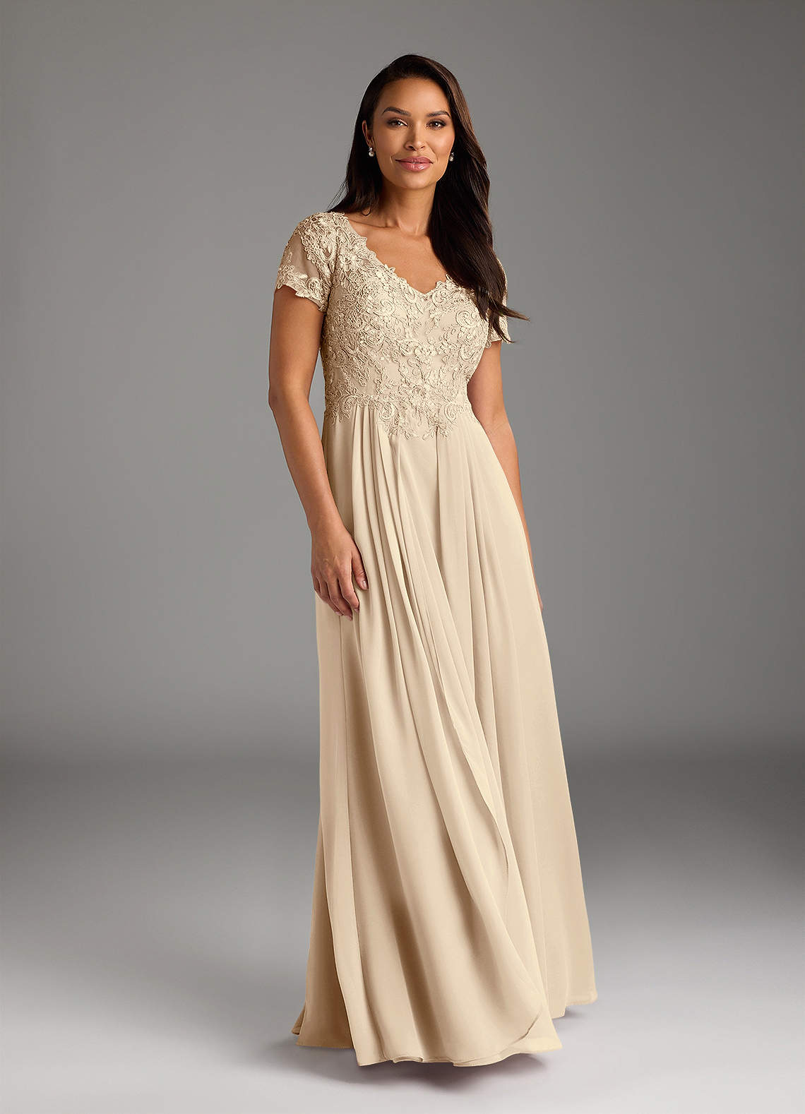 Champagne A-Line V-Neck Lace Chiffon Dress
