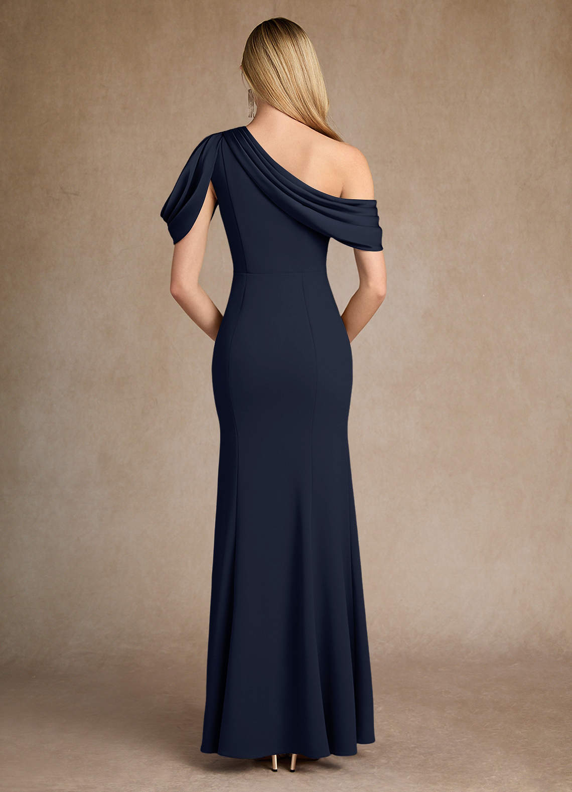 Dark Navy Mermaid Pleated Stretch Crepe Dress