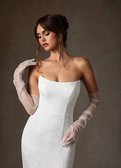 Diamond White Mermaid Strapless Floral Jacquard Dress