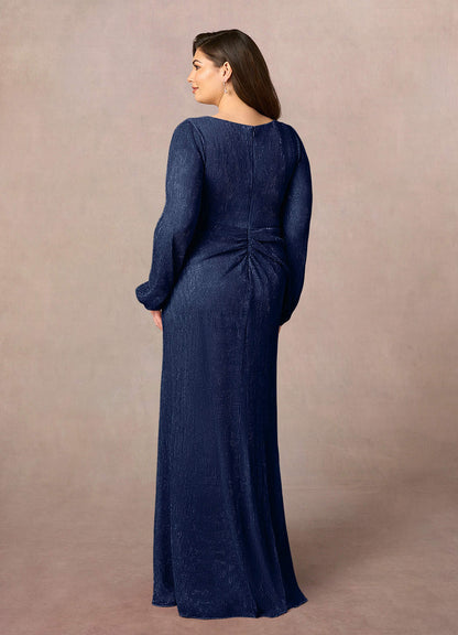 Dark Navy A-Line Ruched Metallic Mesh Dress