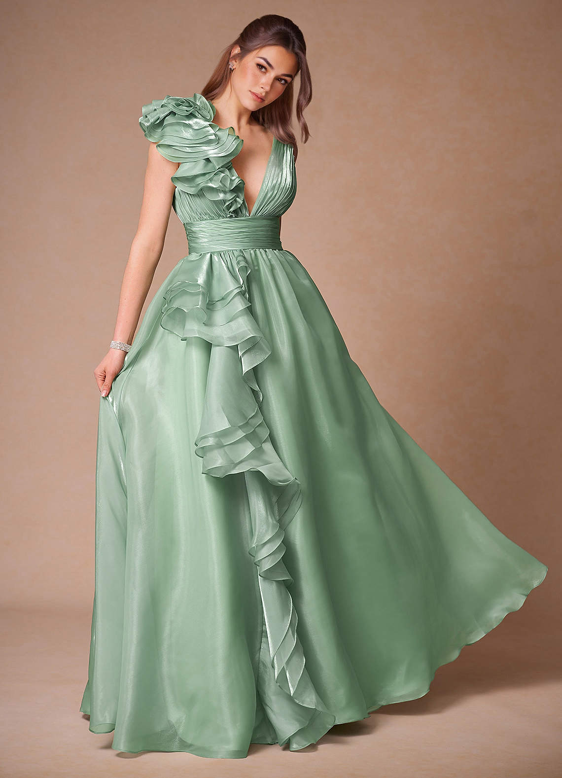 Vespera Sage Ruffles Gown  Dress