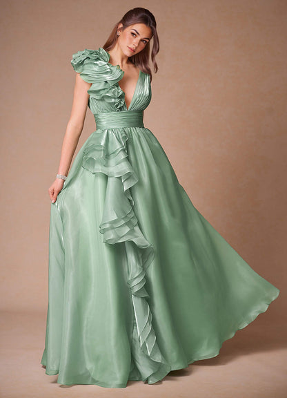 Vespera Sage Ruffles Gown  Dress