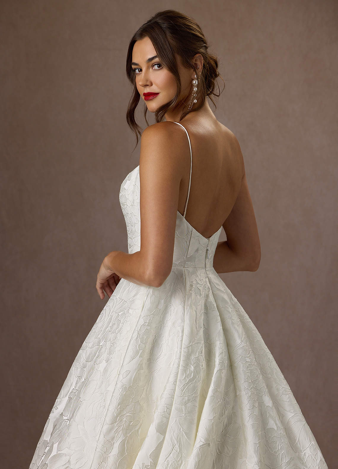 Antique White Ball-Gown with Pockets Floral Jacquard Dress