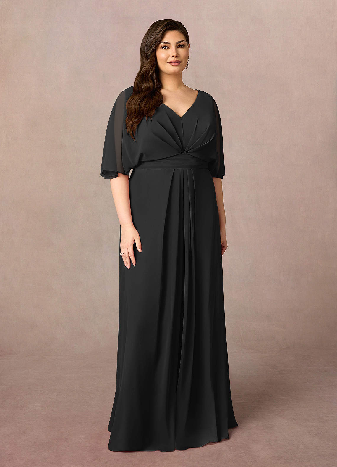 Black A-Line V-Neck Pleated Chiffon Dress