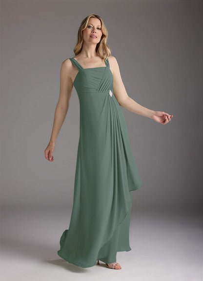 Eucalyptus A-Line Square Neckline Pleated Chiffon Dress