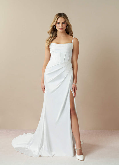 Diamond White Mermaid Pleated Stretch Satin Dress