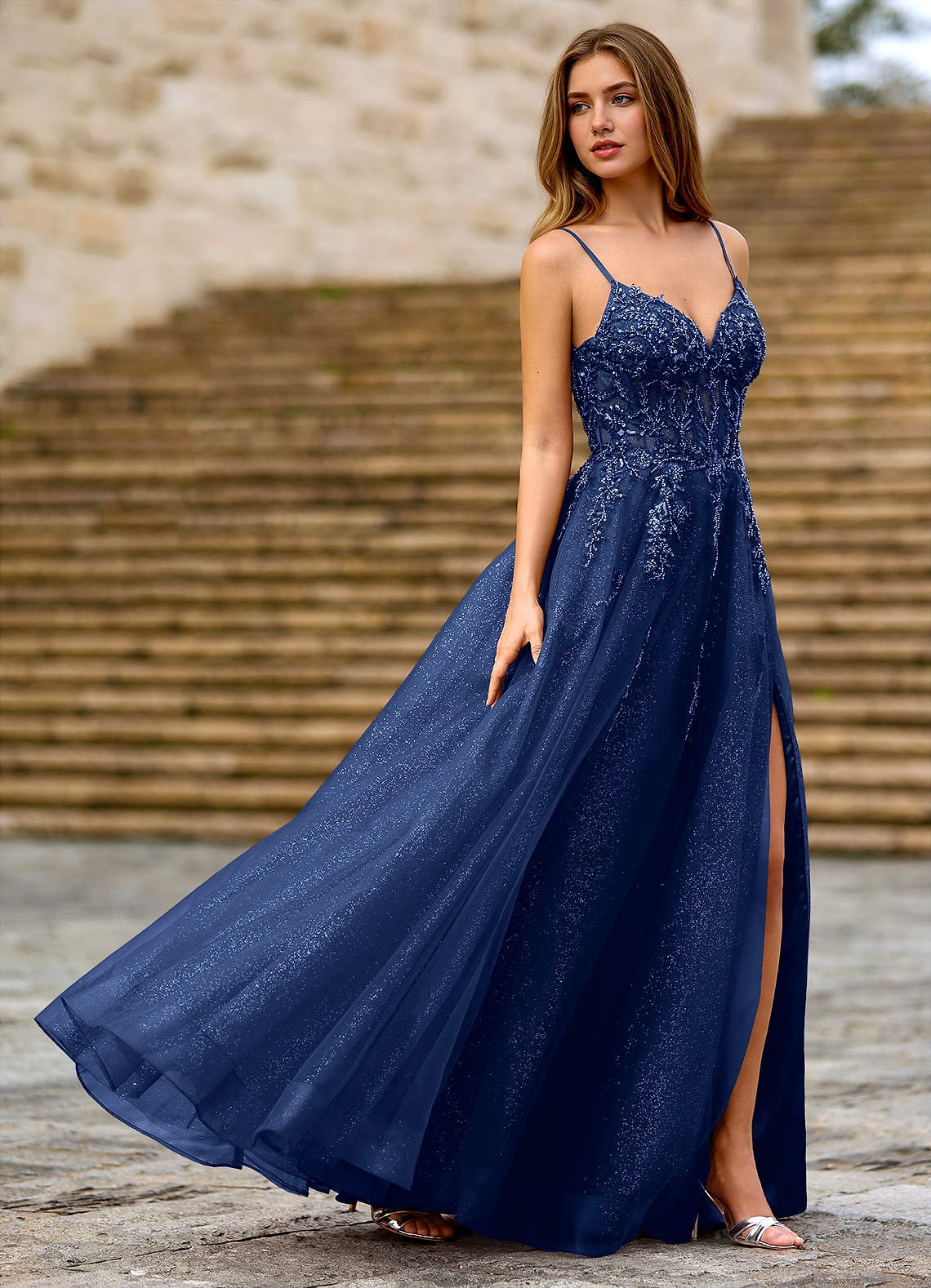 Milliener Navy Tulle Flowers Prom Dress