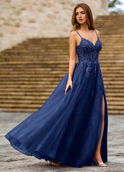 Milliener Navy Tulle Flowers Prom Dress