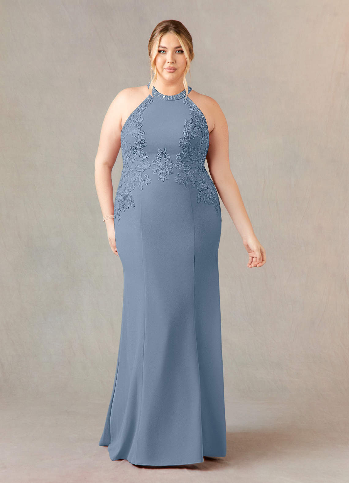 Dusty Blue Mermaid Halter Lace Stretch Crepe Dress