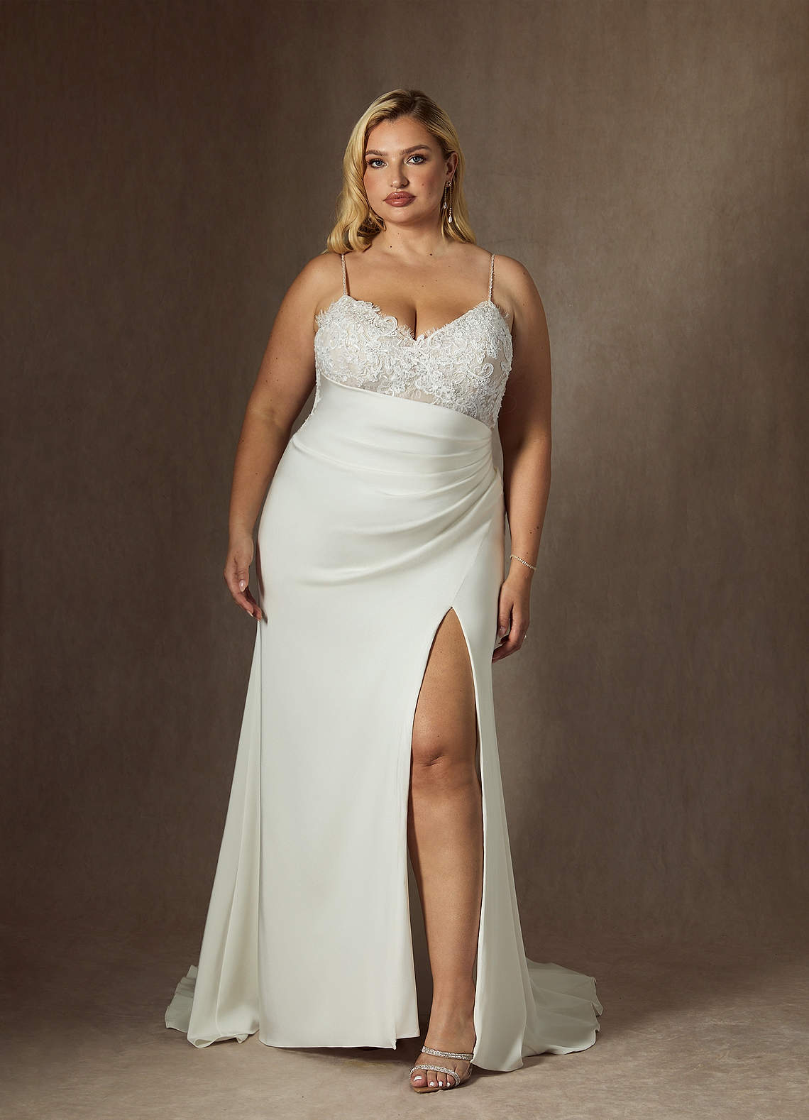 Diamond White Mermaid V-Neck Sequins Stretch Satin Dress