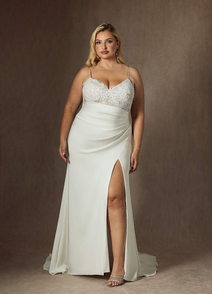 Diamond White Mermaid V-Neck Sequins Stretch Satin Dress