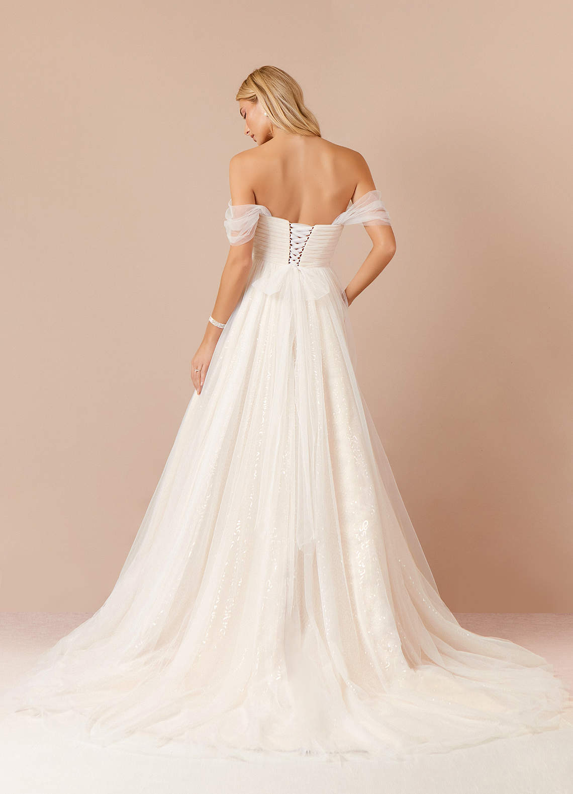 Diamond White Champagne A-Line Off the Shoulder Tulle Dress
