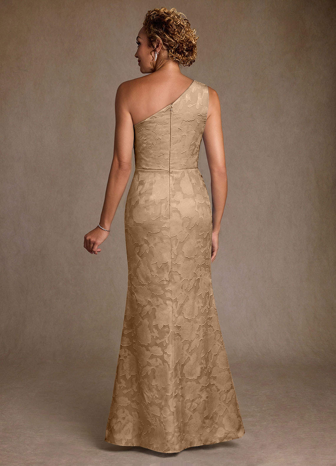Champagne Trumpet One Shoulder Floral Burnout Dress