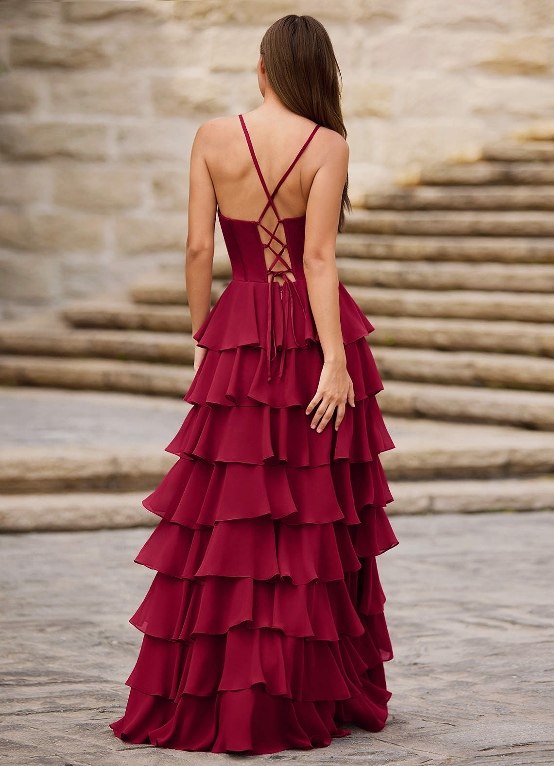 Rhythm Dark Red Ruffled A-Line Prom Dress  Dress