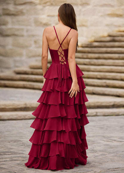 Rhythm Dark Red Ruffled A-Line Prom Dress  Dress