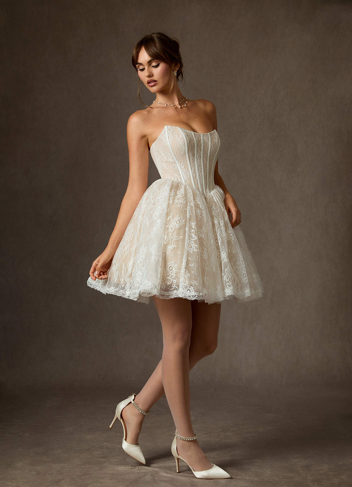 Diamond White Champagne Ball-Gown Strapless Lace Dress