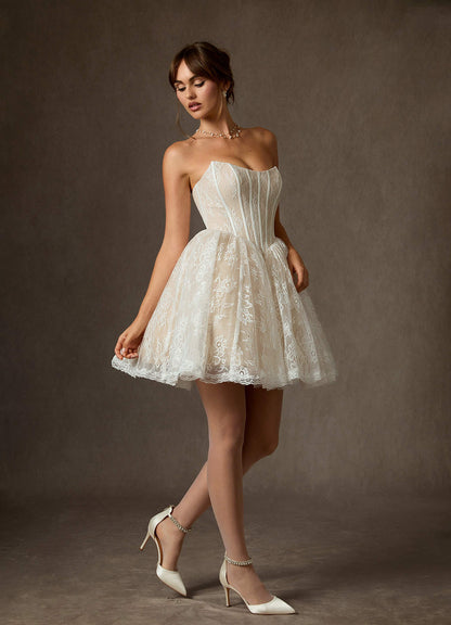 Diamond White Champagne Ball-Gown Strapless Lace Dress