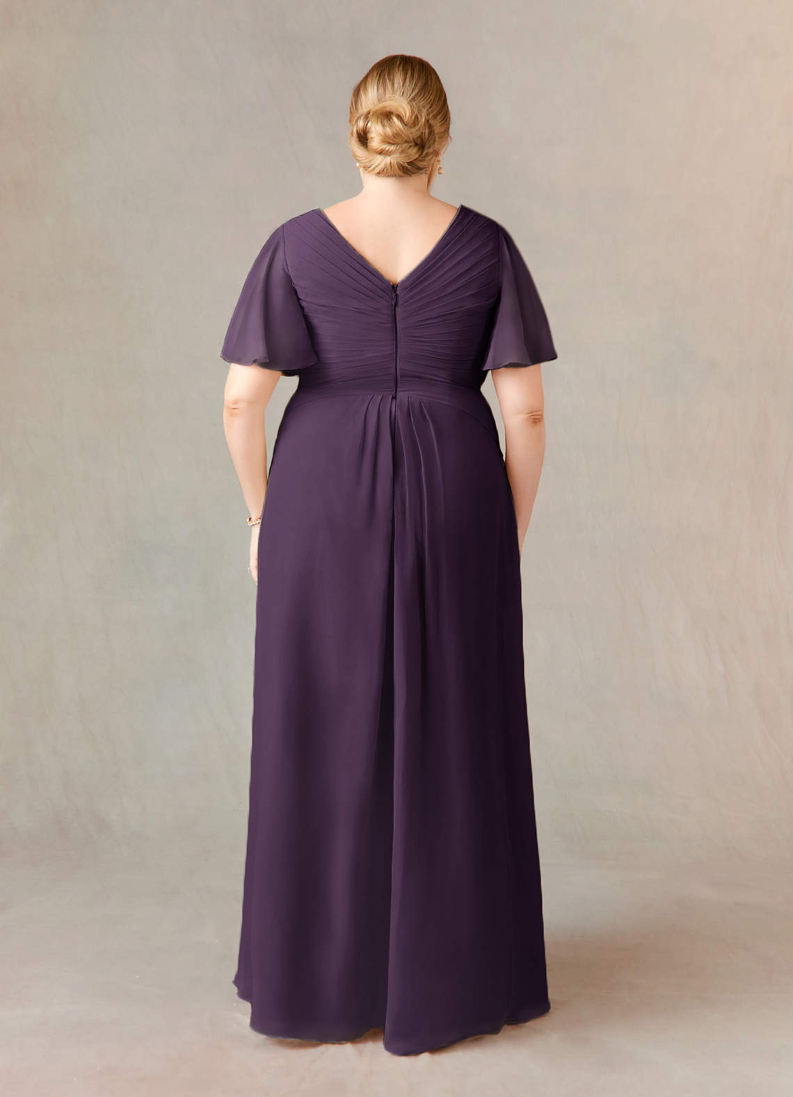 Plum A-Line V-Neck Ruched Chiffon Dress
