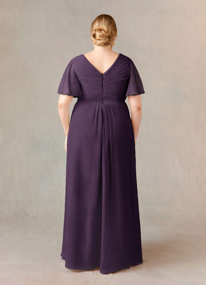 Plum A-Line V-Neck Ruched Chiffon Dress